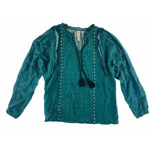 Dolan Anthropologie Green Pheasant Blouse Boho tassel neck tie